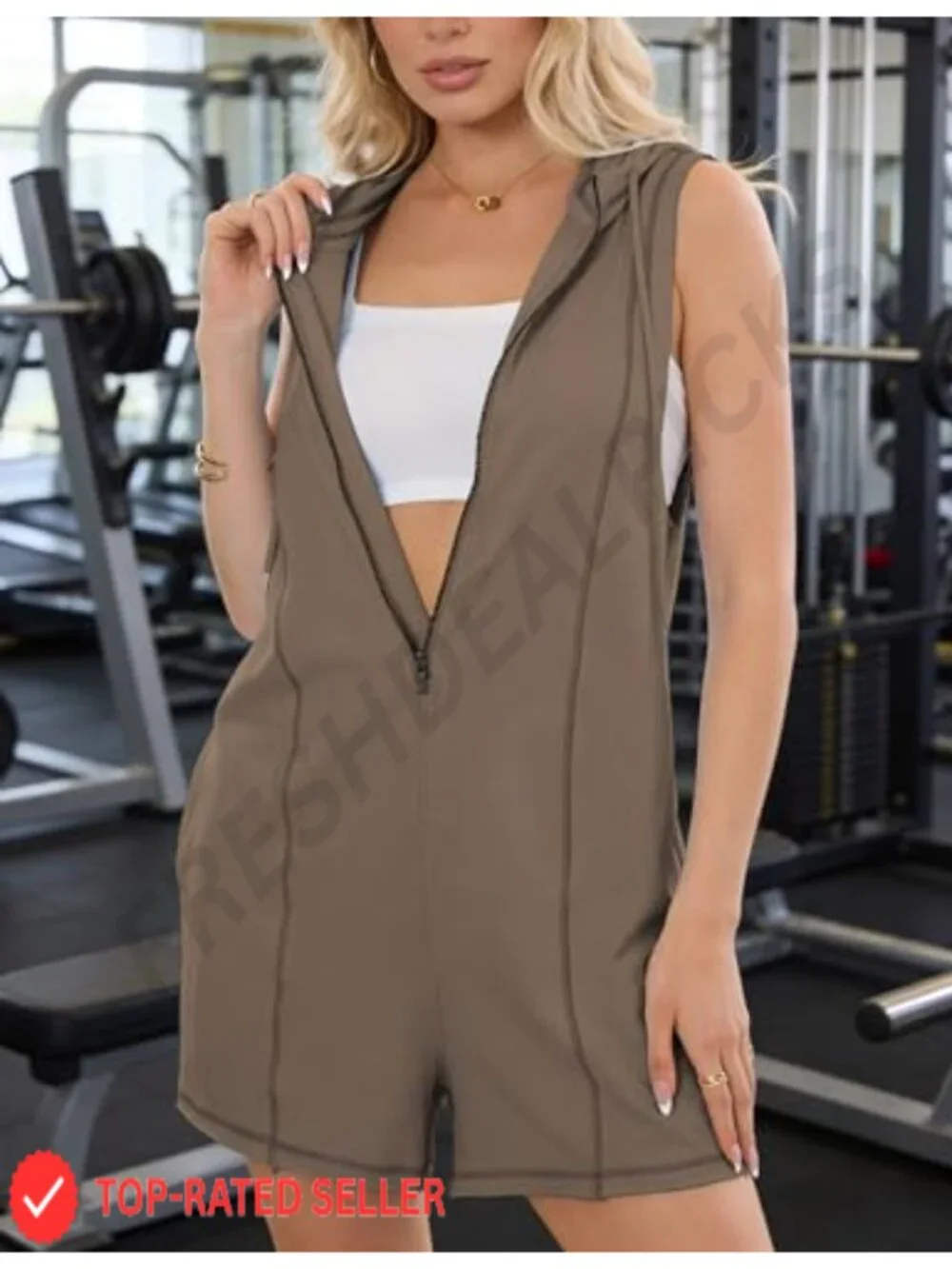 Women's Sleeveless Hooded Romper Jumpsuit Overalls Shorts Half Zip Athletic